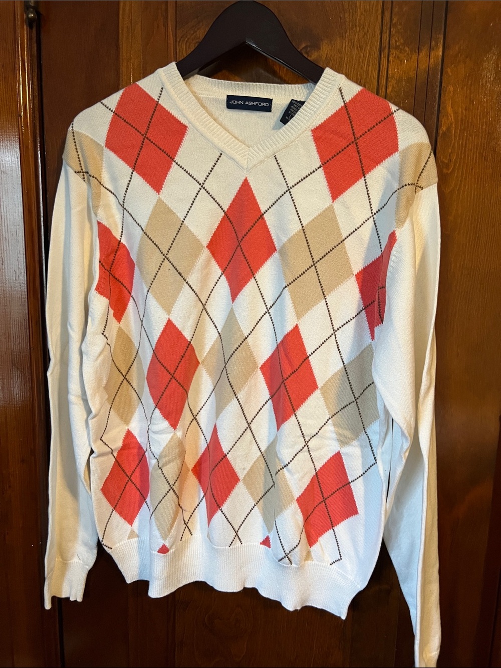 John Ashford Cream V-Neck Argyle Sweater with Coral and Tan Diamonds